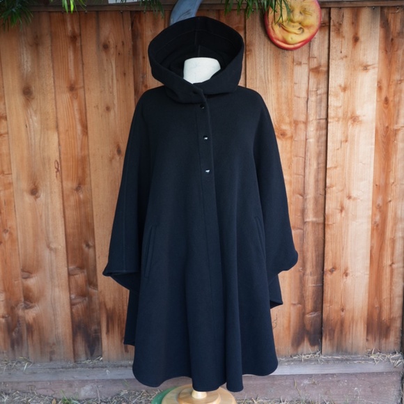 Vintage Black Hooded Wool Cape Button Down Made In France OS - Picture 6 of 17